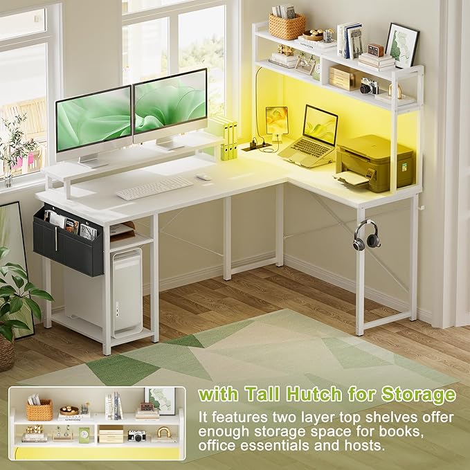 Small L Shaped Desk Gaming Desk with Power Outlets 48 Reversible L Shaped LED Computer Desk with Monitor Stand &amp Storage Shelf Corner Gamer Desk Home Office Desk with Storage Bag White