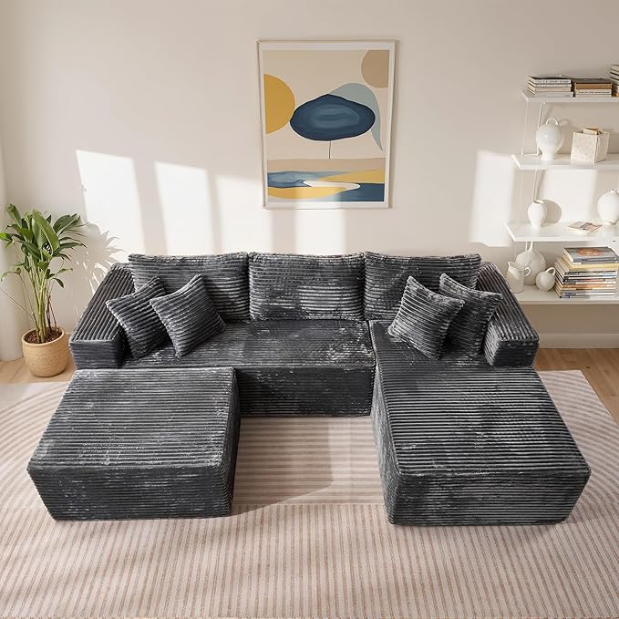 108 L-Shape Boneless Couch with Ottoman Modern Deep Seat Cloud Sectional Couches for Living Room Plush Corduroy Memory Foam Modular Sofa in a Box Grey