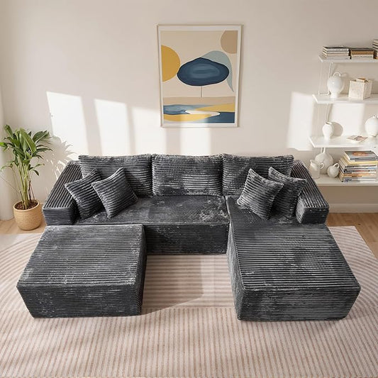 108 L-Shape Boneless Couch with Ottoman Modern Deep Seat Cloud Sectional Couches for Living Room Plush Corduroy Memory Foam Modular Sofa in a Box Grey