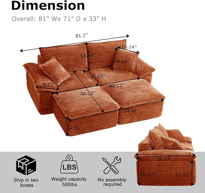 Convertible Sofa BedSleeper Sofa with Deep SeatComfy Corduroy Fluffy Boneless Couch with Movable OttomanCloud Couch for Small PlaceNo Assembly Required.（LoveseatOrange）