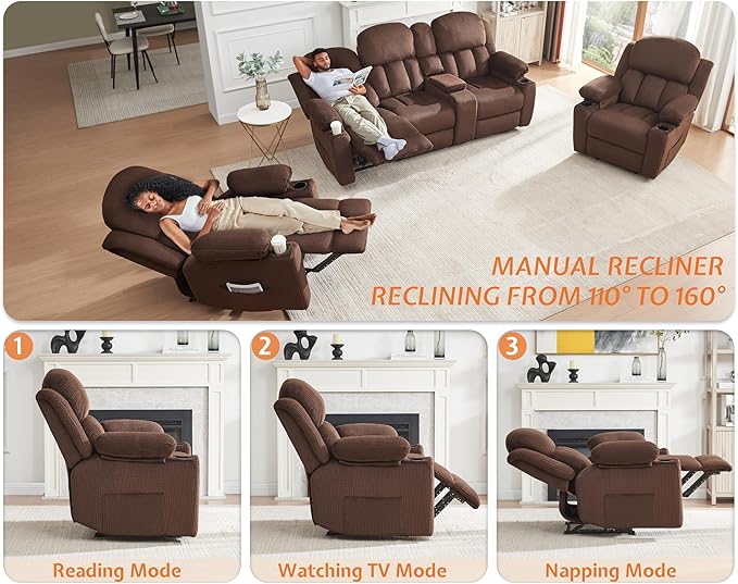 Jocisland Recliner Couch Reclining Sofa with Cup Holders 3 Seater Reclining Couch with Dual Wingback Comfy Recliner Sofas for Living Room(Brown)