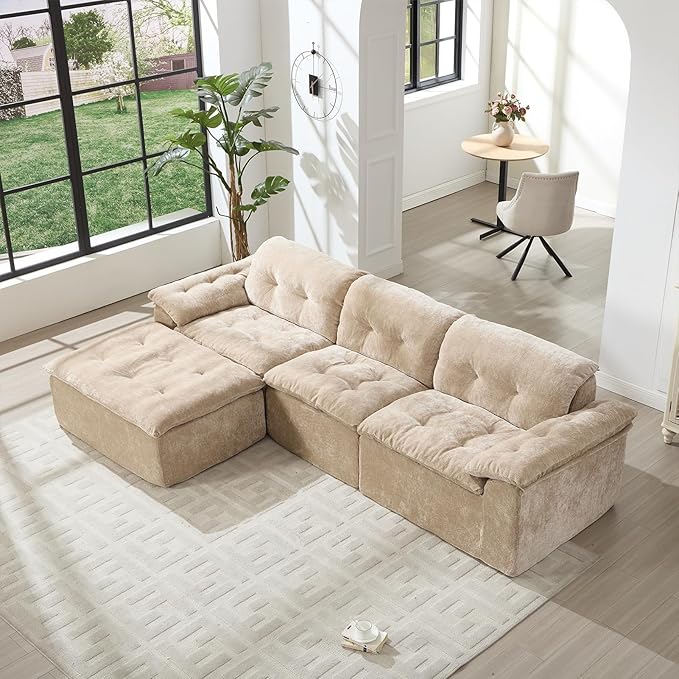 157 Cloud Sectional Couch Deep Seat Boneless Sofa for Living Room with U-Shaped Chaise Comfy Chenille Modular Sofa No Assembly Required (Coffee 118 L Shape with Left Facing Chaise)