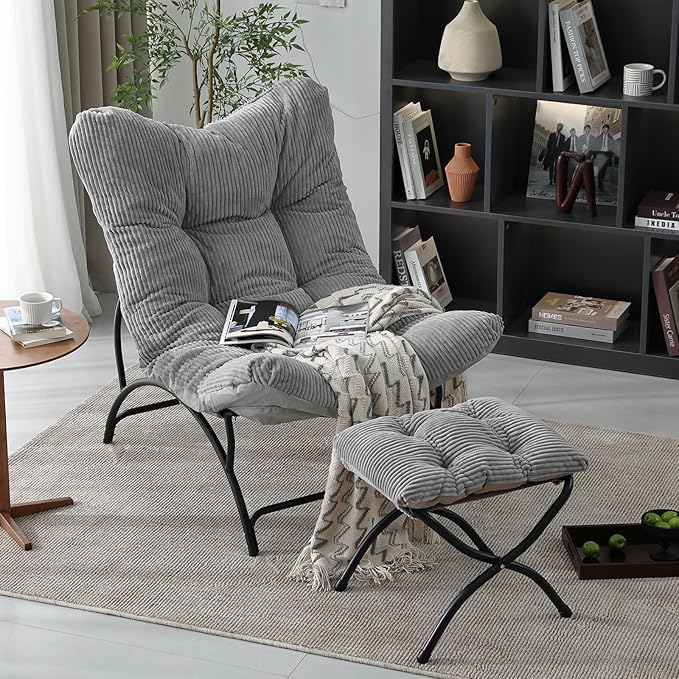Welnow Modern Accent Chair with Ottoman Upholstered Comfy Lounge Recliner Sofa Thick Cushion Oversized Lazy Reading Chair with Footrest for Living Room Bedroom Apartment Office Dorm Light Grey
