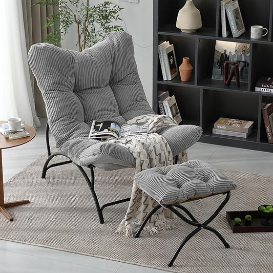 Welnow Modern Accent Chair with Ottoman Upholstered Comfy Lounge Recliner Sofa Thick Cushion Oversized Lazy Reading Chair with Footrest for Living Room Bedroom Apartment Office Dorm Light Grey