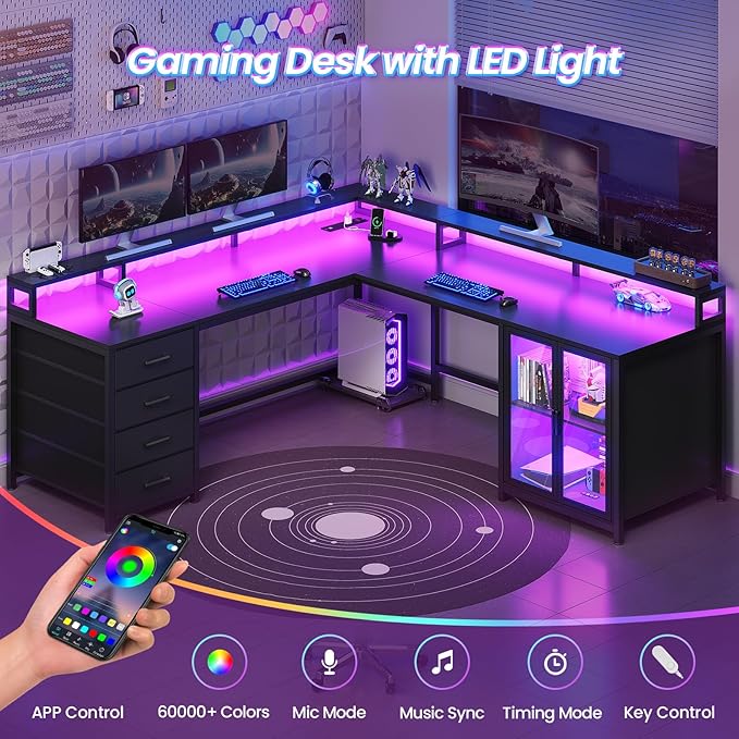 SEDETA L Shaped Gaming Desk with 4 Drawers 109” Computer Desk with Display Cabinet Home Office Desks with 2 Monitor Stands CPU Stand LED Lights and Power Outlet Black