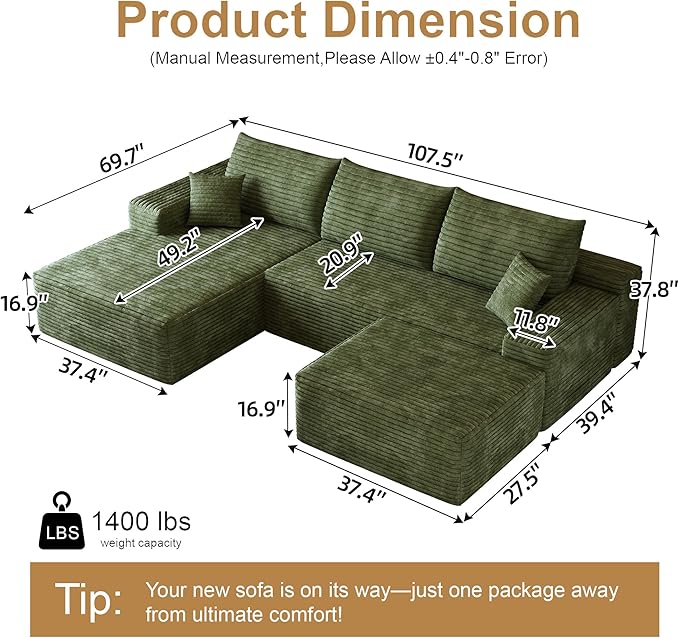 108 Sectional Couches for Living Room Modern Modular Sofa with L-Shape Couchs Upholstered Boneless Couch Deep Seat Sectional Couch with Chaise (Green Left Facing Chaise+2Seaters+1Ottoman)