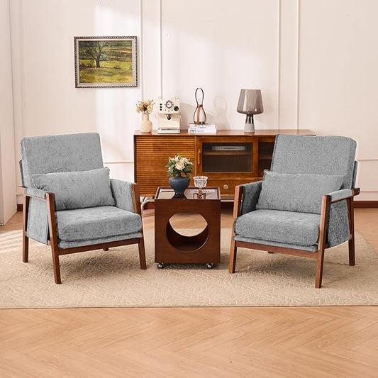 Accent Chairs Set of 2 Mid-Century Modern with Lumbar Pillow Upholstered Living Room Chairs with Wooden Chenille Armchair with Cushion Anthropologie Side Chair for Bedroom Light Grey