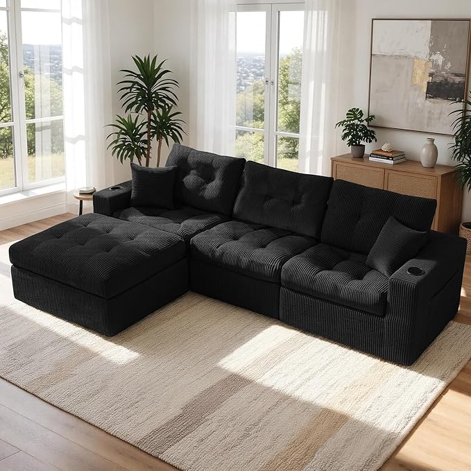 113 Modular Sectional Sofa for Living Room Convertible L-Shape Couch with OttomanCloud Boneless Couch with Layered CushionBlack Corduroy