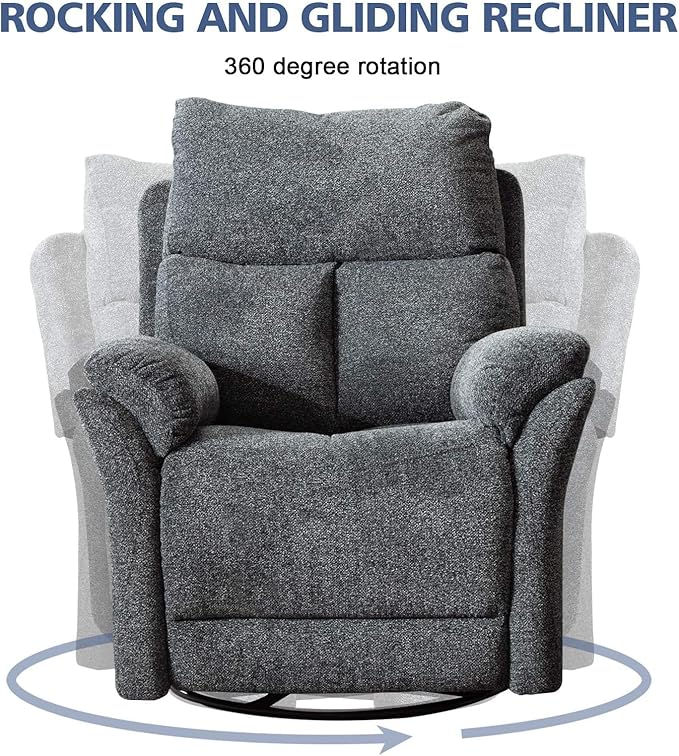 ANJ Swivel Rocker Recliner Chair Manual Fabric Glider Nursery Recliner Chair Single Rocking Modern Sofa Home Theater Seating for Living Room Nursery (Dark Gray)
