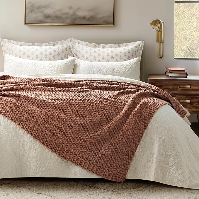 EVERGRACEHOME Chunky Chenille Knit Throw Blanket for Couch Soft Luxurious Moss Stitch Blankets for Bed Cozy Decorative Farmhouse Knitted Throws for Sofa Terracotta Clay 50 x 60