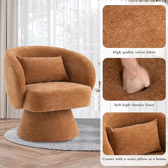 Swivel Accent Chair Sherpa Bucket Chair Velvet Upholstered Armchair 360° Swivel Bucket Shaped Armchair with Pillow and Round Back for Living Room Bedroom Nursery (Orange)