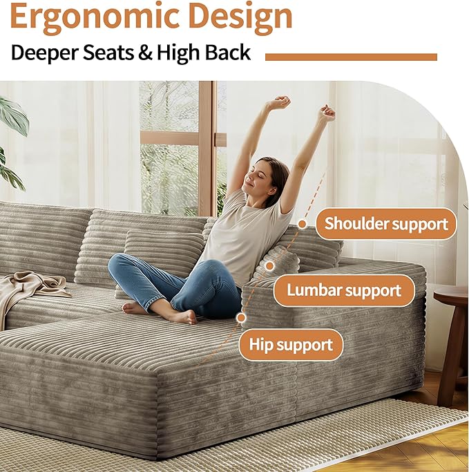 107 Modular Sectional Couches for Living Room Comfy L-Shaped Boneless Cloud Couch with Chaise Modern Deep Seat Corduroy Floor Sofa No Assembly Required (Right Facing Chaise Khaki) | High-density