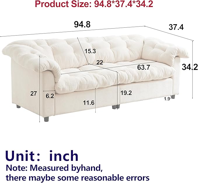 KEIKI 94.8 Chenille Deep Seat Modern Cloud Sofa Plush Upholstered 3 Seat Couch with Soft Cushions and Solid Wood Frame Fluffy High Comfort Design for Contemporary Living Rooms and Everyday Relaxation