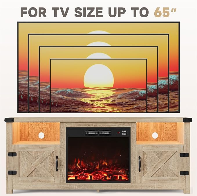 Furmax LED Entertainment Center with Fireplace Fireplace TV Stand with Storage Cabinets and 2 Open Shelves Modern Media TV Console for Living Room (Light Oak)