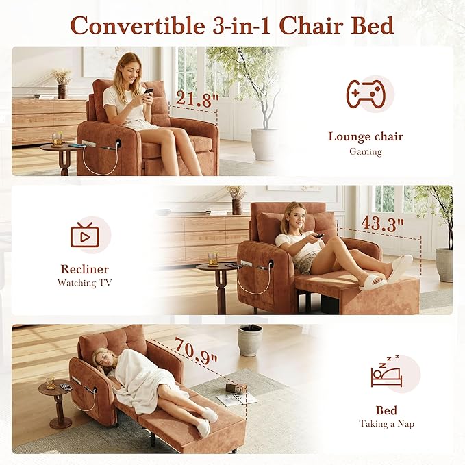 3-in-1 Convertible Sleeper Chair Bed Multi-Functional Chenille Single Sofa Bed with Storage Pockets and Box 80 Extra Long Pull Out Sleeping Lounge Chair for Living Room &amp Apartment (Orange35)