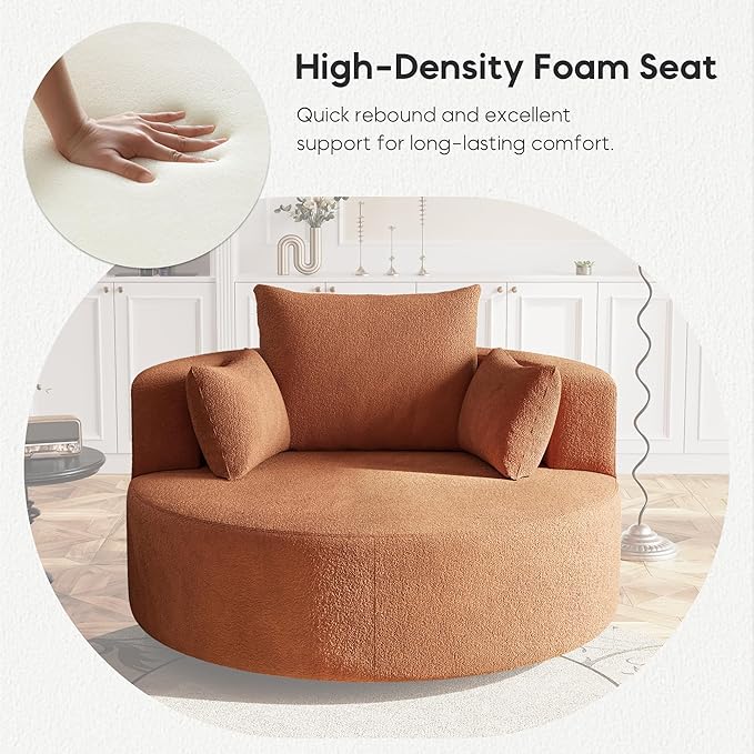 Oversized 360° Swivel Barrel Chair for Living Room Modern Comfy 56.3'' Round Boucle Reading Accent Chair with Extra Wide &amp Deep Seat Overstuffed Cushions Easy Assembly Sienna Red