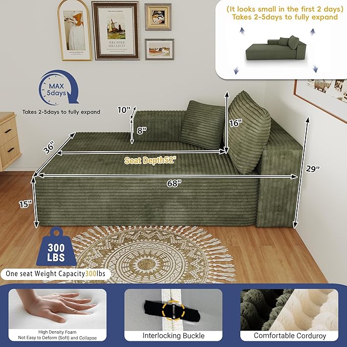 68 Cloud Sectional Sofa Chaise Lounge Chair Plush Corduroy Fabric No Assembly Required Deep Seat for Living Room Bedroom Movie Theater Left Facing Green