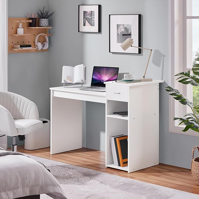 Yaheetech Home Office Computer Desk with Storage Drawer &amp Monitor Shelf Writing PC Laptop Table Desk Study Workstation Furniture for Small Spaces White