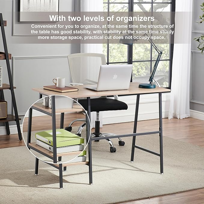 VECELO 43 Inch Writing Desk Home Office Home Office Study Tables with 2 Tier Storage Shelves Eiton Left or Right Side Simple Industrial Style with Adjustable Feet and Water Proof Surface Oak Desk
