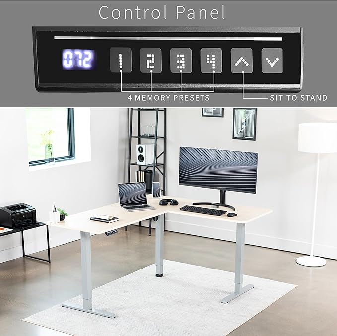 VIVO Corner Standing Desk 63 x 55 inch Reversible L-Shaped Workstation Electric Height Adjustment Home Office and Reception Rooms Light Wood Table Top Gray Frame DESK-E3CTGC