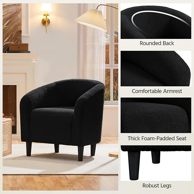 Yaheetech Accent Barrel Chair Boucle Fabric Club Chair Furry Sherpa Elegant Armchair with Cozy Soft Padded Suitable for Living Room Bedroom Reception Office Black