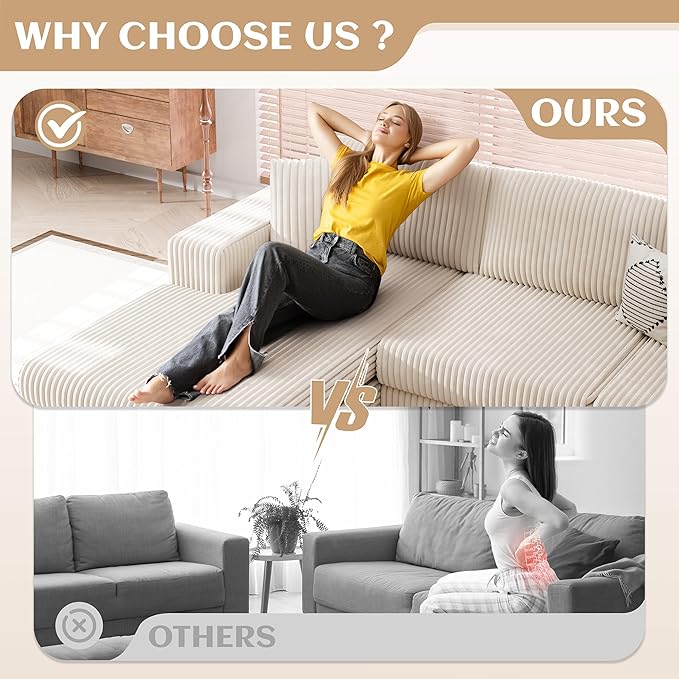 Vongrasig 105 Boneless Couches for Living Room Sectional Couches Modular Sofa with L-Shaped Chaise Memory Foam Comfy Cloud Couch with Plush Corduroy Fabric No Assembly Required Beige