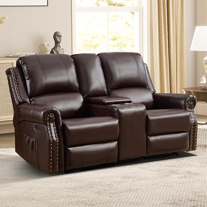 EBELLO Power Reclining Loveseat Faux Leather Double Recliner Sofa with Side Pocket Center Console Hidden Storage &amp Cup Holders Vintage Rivet Mid-Century Modern Design for Living Room Red Brow