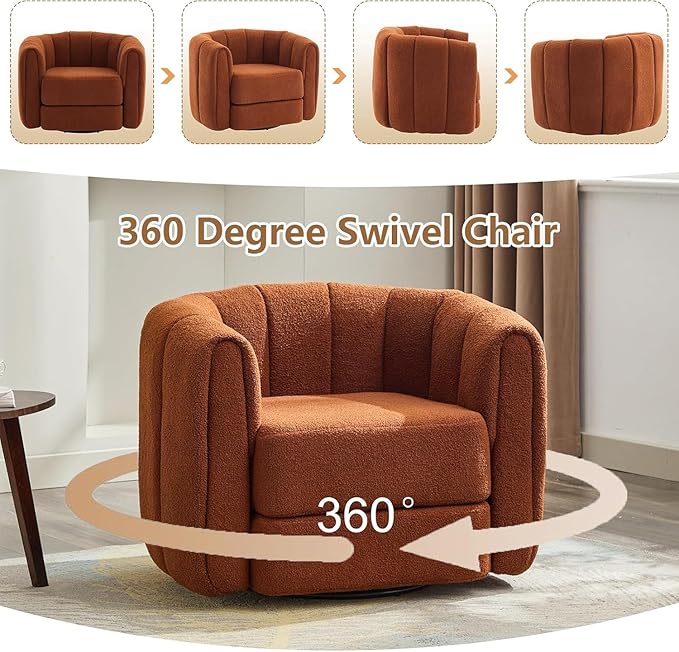 Swivel Accent Chairs for Living Room Teddy Fabric 360° Round Swivel Barrel Armchair Pumpkin Shaped Single Club Sofa Chair for Home Bedroom Apartment Office (Burnt Orange)