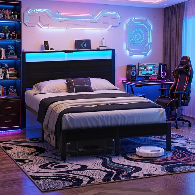 Full Size Metal Bed Frame with Storage Headboard LED Lights and USB Charging Ports Noise Free Platform Bed with Sturdy Slats No Box Spring Needed Easy Assembly