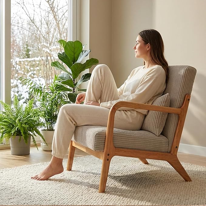 Mid Century Modern Accent Chair Upholstered Corduroy Armchair with Lumbar Pillow Solid Rubberwood Frame for Living Room Bedroom Waiting Room Beige