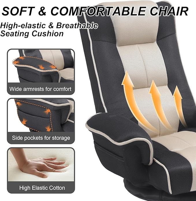 Linen Fabric Ergonomic Gaming Chair 6-Position Reclining Sofa Bed with Lumbar Support Foldable Floor Lounger with Thick Cushion Armrests &amp Side Pockets for Esports Reading Napping (Grey + Bei