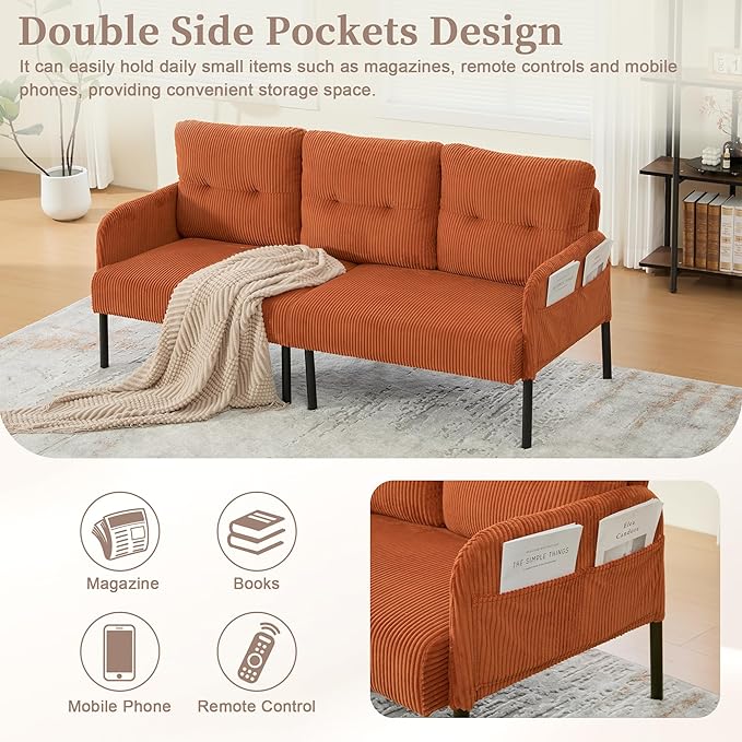 KEIKI 67 Corduroy Loveseat Sofa with Double Side Pockets &amp High Resilience Cushion Modern Style Upholstery Oversized 2-Seater Couch with Metal Legs Easy Assembly for Living Room Orange