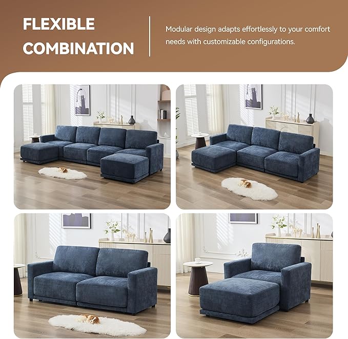 110.6 L Shaped Modular Sectional Sofa Modern Chenille Comfy Couch with Thickened Seat Cushions Easy Assembly Upholstered 4 Seater Couch with Movable Ottoman for Living Room Blue