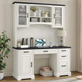 Furniouse Farmhouse 76 Height Executive Desk with Hutch Office Desk with Charging Station Drawers and Storage Cabinet Workstation for Office Home Black Tabletop Off White