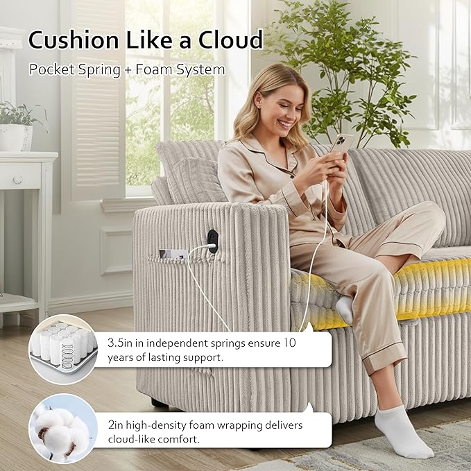 65in Sleeper Sofa Bed Convertible Pull Out Couch with Small Table| USB Port | Cup Holder | Corduroy Fabric | Adjustable Backrest for Apartment Office Bedroom Guest Room (LightGrey)