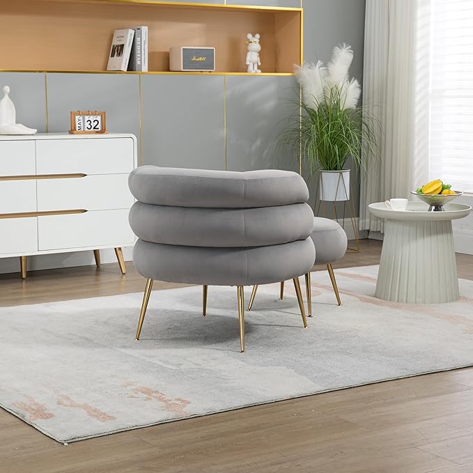 Velvet Accent Chair with OttomanModern Upholstered Armchair Tufted Chair with FootstoolSingle Sofa Chair with Golden Metal Legsfor Living Room (Gray-Chair and Ottoman)