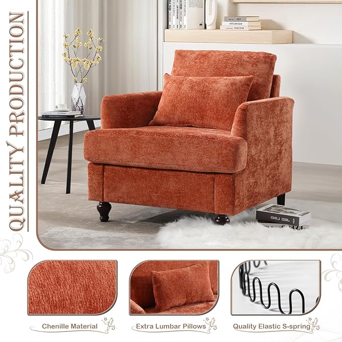 KINFFICT Modern Accent Chair for Living Room Upholstered Single Sofa Chair with Lumbar Pillow Comfy Armchair with Thickened Cushion Living Room Chairs for Bedroom Office Orange Chenille