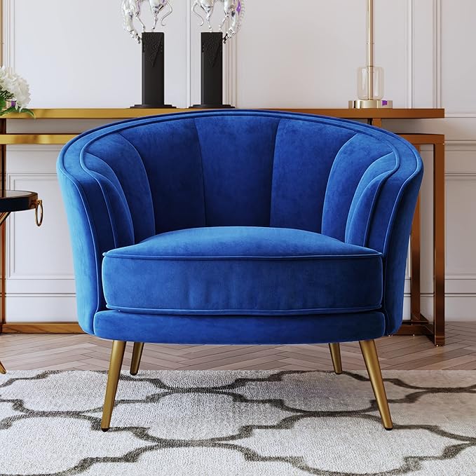 Modern Velvet Accent Barrel Chair Leisure Accent Chair Living Room Upholstered Armchair Vanity Chair for Bedroom Meeting RoomBlue