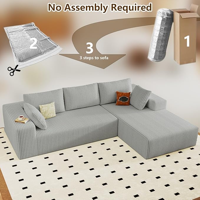 96 Modular Sectional Couch Boneless L Shaped Cloud Sofa with Chaise Lounge Corduroy Upholstered Couches Memory Foam Deep Seat No Assembly Required Ideal for Living Room(Light Gray Right Facing)