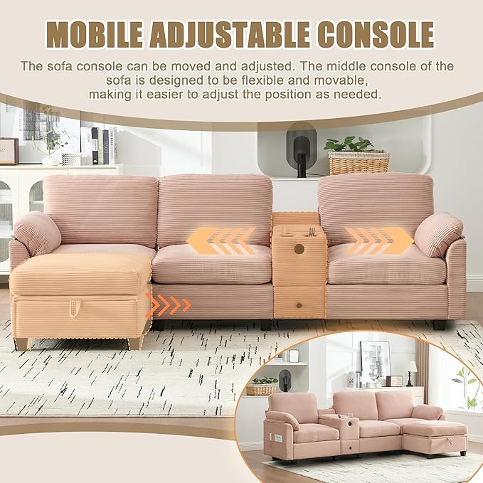 KEIKI 105 L-Shaped Oversized Corduroy Modular Sectional Sofa with 1 Ottoman and Multi Functional Console 4-Seater Upholstered Couch with USB and 2 Cup Holder Easy Assembly for Living Room Pink