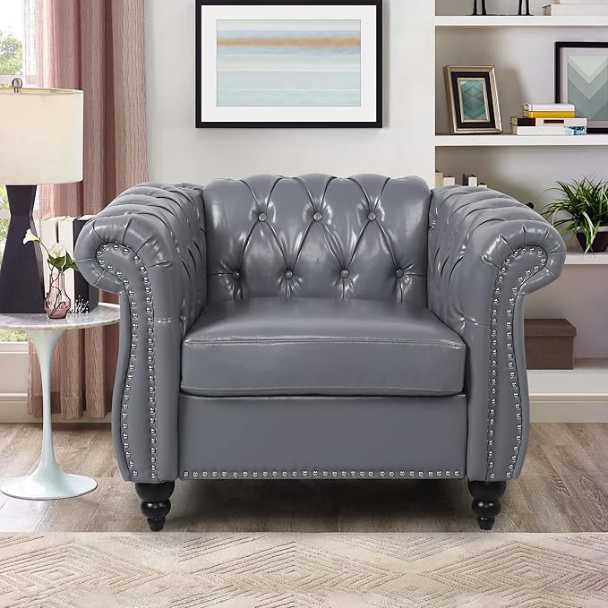 RARZOE PU Chesterfield Chairs Chesterfield Faux Leather Club Chair Chesterfield Button Tufted Leather Accent Chair with Nailhead Trim Scrolled Arms for Living Room Bedroom Office Grey