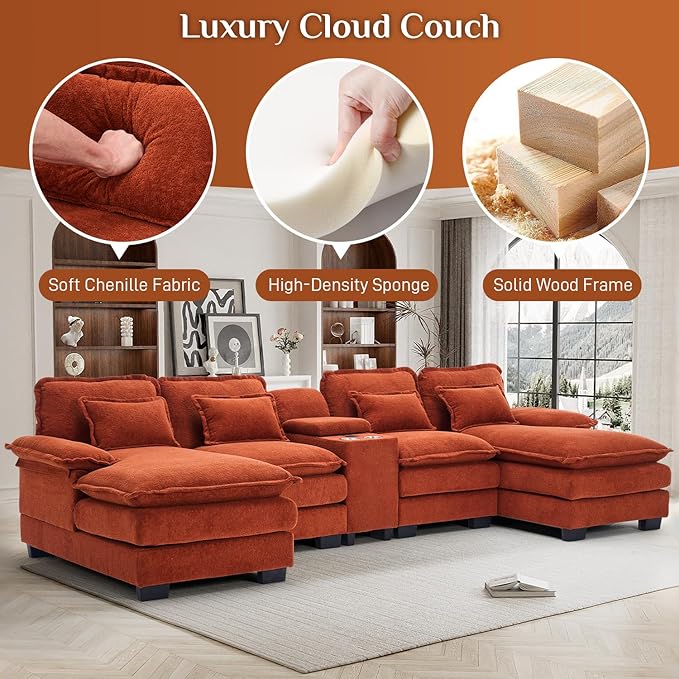 133 Oversized U Shaped Cloud Couch Modular Sectional Couches for Living Room Comfy Chenille Deep Seat Sofa Set with Double Chaise Lounge Storage Central Console Cup Holders USB Port Orange