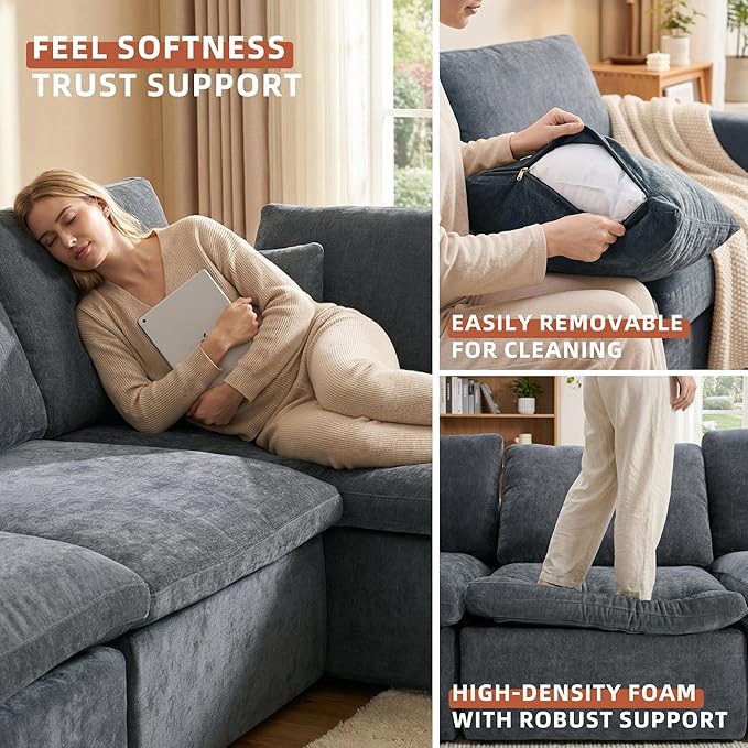 Boneless Sectional with Chaise 110 L-Shaped Cloud Couch for Living Room Deep Seat Chenille Floor Sofa Frameless Modular Lounge Set (Dark Gray Right Facing Chaise)