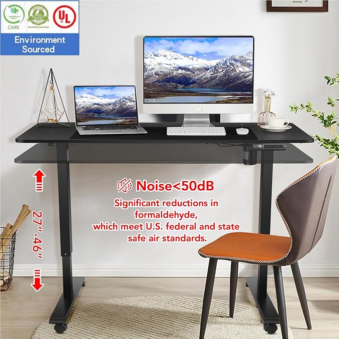Electric Standing Desk 55x24in Adjustable Height Computer Desk with Wheels Sit-Stand Desk with Charging Station 2 USB Ports 3 Power Outlets Spacious Workstation for Home Office(Black)