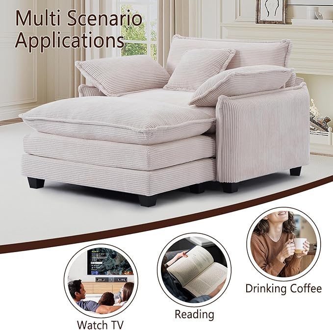 Oversized Chair with Ottoman Modern Corduroy Sofa Bed Single Sofa Chaise Large Upholstered Sofa for Living Room Bedroom (Beige)