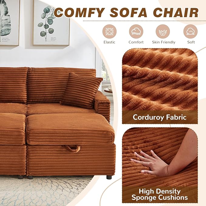 Chaise Lounge Chair Indoor 68 W Corduroy Loveseat Sectional Couch with Sorage Ottoman/Wing Table/Charge Ports/Cup Holder Modern Comfy Deep Seat Reading L-Shape Sofa for Living Room Orange