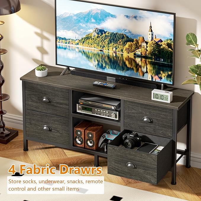 Furologee TV Stand with 4 Drawers 43 inch Entertainment Center with Open Shelves Media Center for 50 TV Television Stand for Bedroom Living Room/Light Black Oak