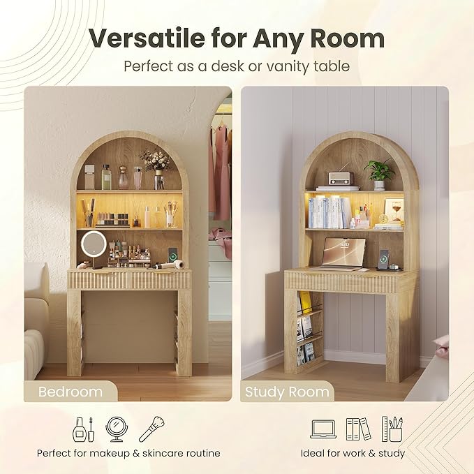 Arched Writing Desk with Hutch Home Office Desk with 2 Fluted Drawers Secretary Desk with Outlets LED Lights Bookshelves Wood Computer Desk for Small Space Bedroom 35.4W x 70.8H (Oak)