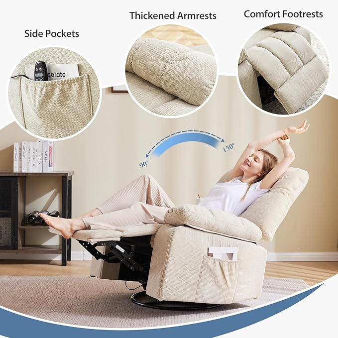DUMOS Rocker Recliner Chair Swivel Recliner with Vibration Massage &amp Lumbar Heating 270° Rotating Chenille Fabric Recliner with footrest for Living Room &amp Bedroom Beige