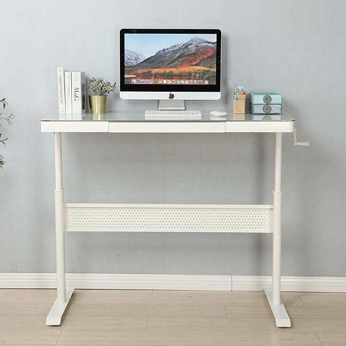 Generic 48 x 24 Inches Tempered Glass Standing Desk with Metal Drawer Adjustable Height Stand up Desk Sit Stand Home Office Desk Ergonomic Workstation White